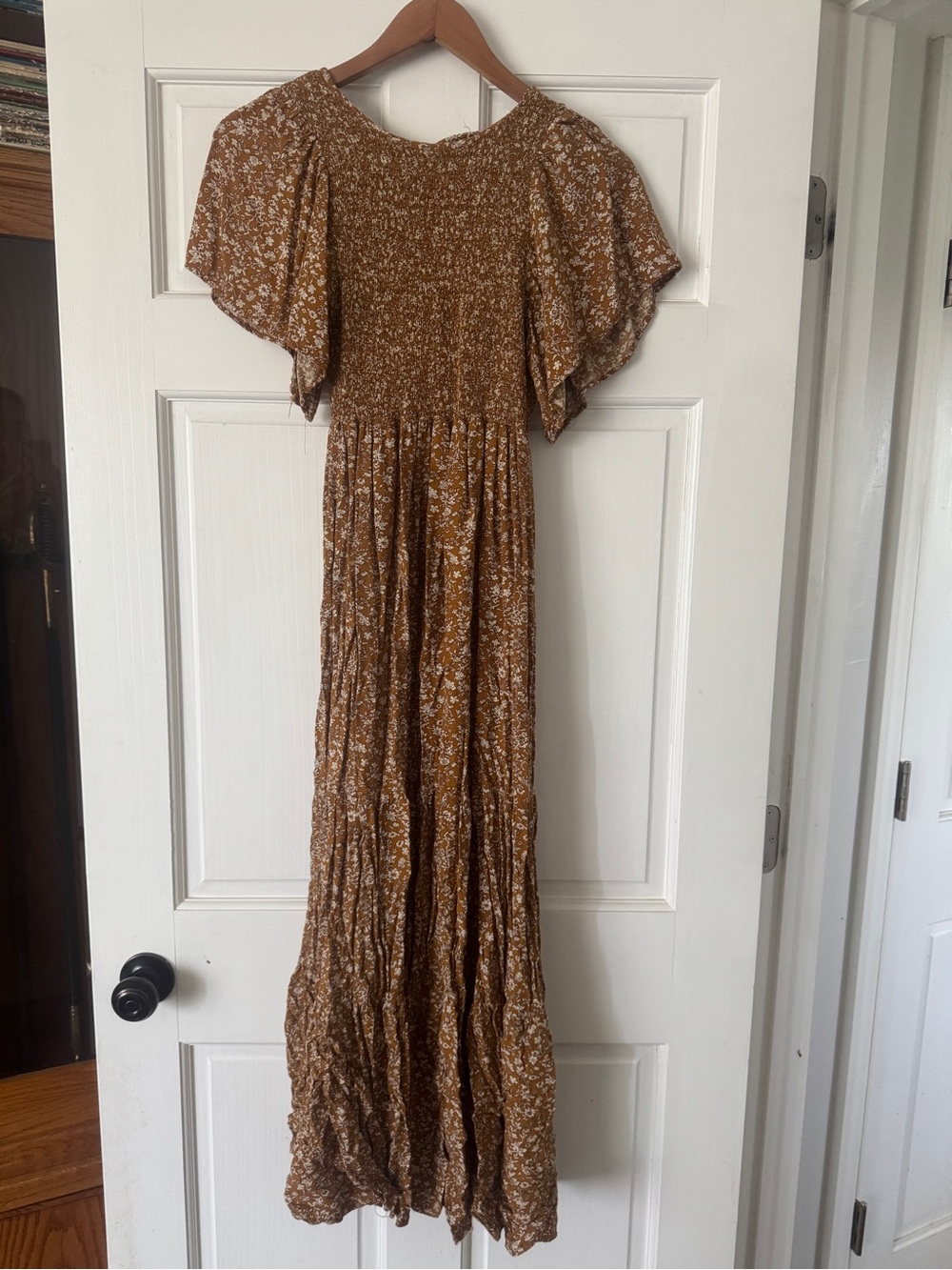 Brown Floral Midi Dress with Flutter Sleeves